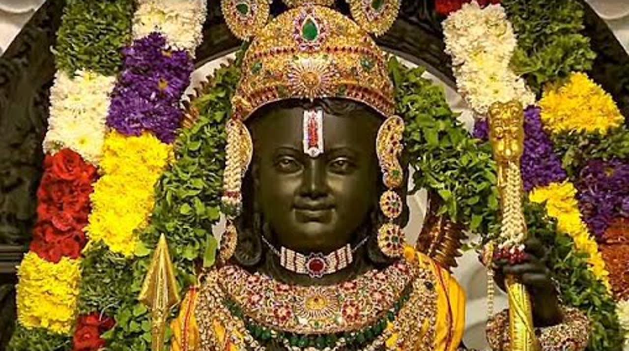 The Ram Lalla idol at Ayodhya, garlanded